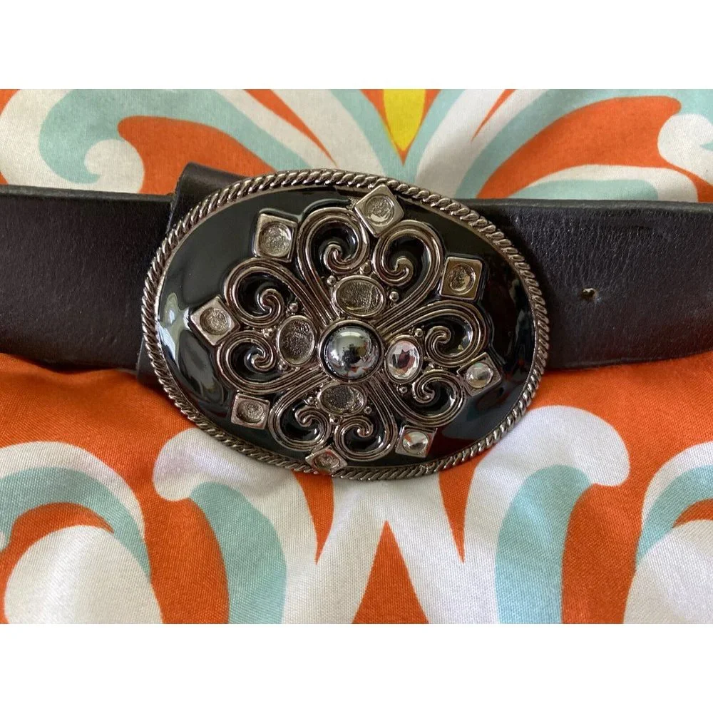 Vintage Express Wide Black Leather Belt Large Buckle Enamel Rhinestones‎ Medium